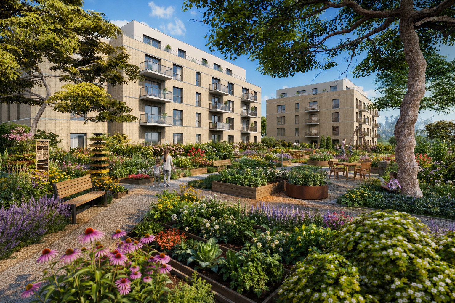 Visualisierung des Akana Wohnquartiers Essenheim mit großem gemeinschaftlichem Garten
